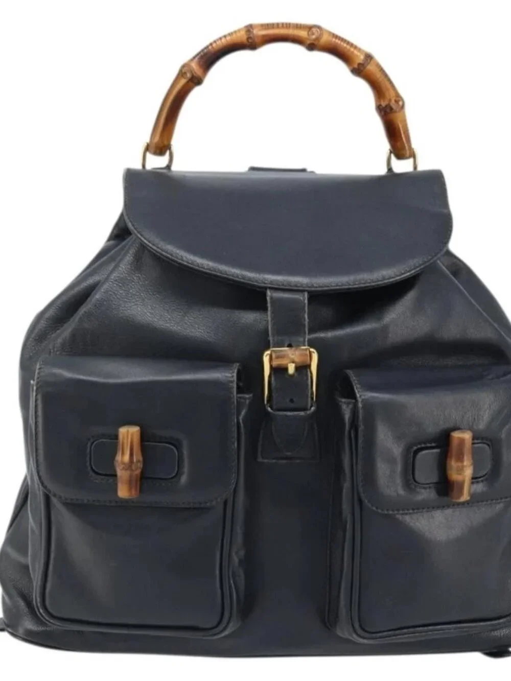GUCCI Bamboo Backpack Leather Black Gold 003 2058 0016 Auth gh2009